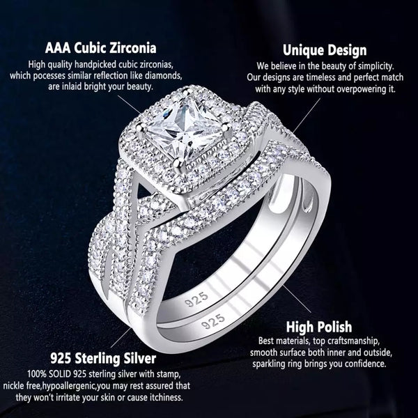 Princess Cut Sterling Silver Women's Wedding Ring Set HNS Studio Canada