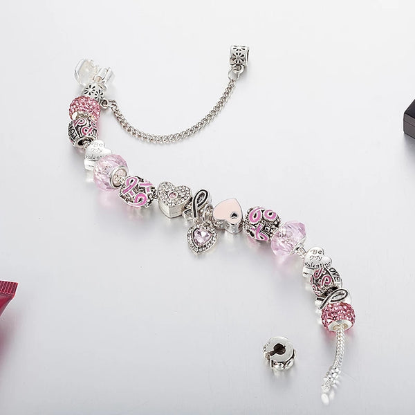 Breast Cancer Awareness Charm Bracelet, Charms Bracelet for Women