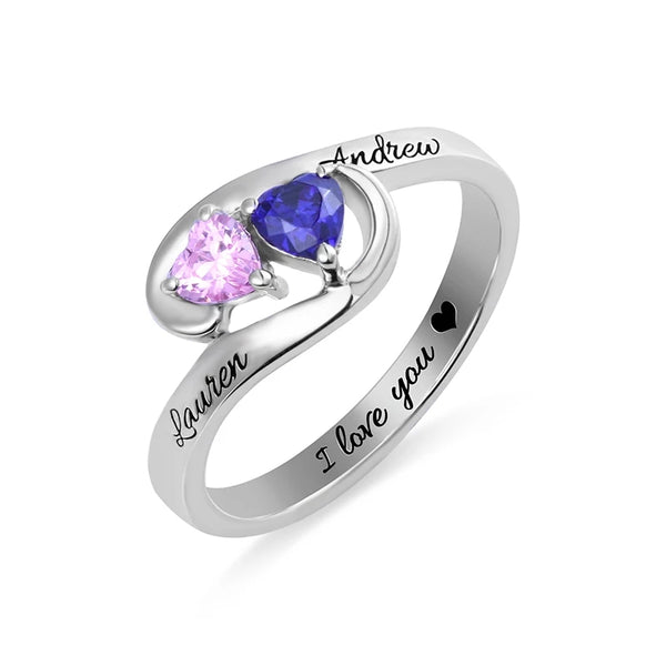 Pair of Hearts Sterling Silver Ring with Birthstones and Names - HNS Studio