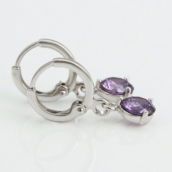 Dangling Amethyst CZ Huggie Hoop Earrings Silver