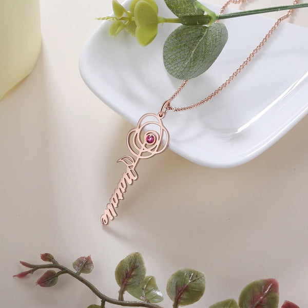 Rose Name necklace with Birthstone HNS Studio Canada