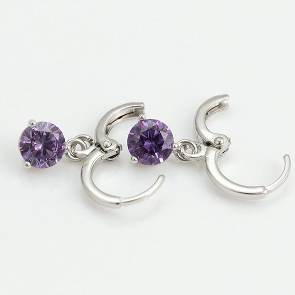 Dangling Amethyst CZ Huggie Hoop Earrings Silver