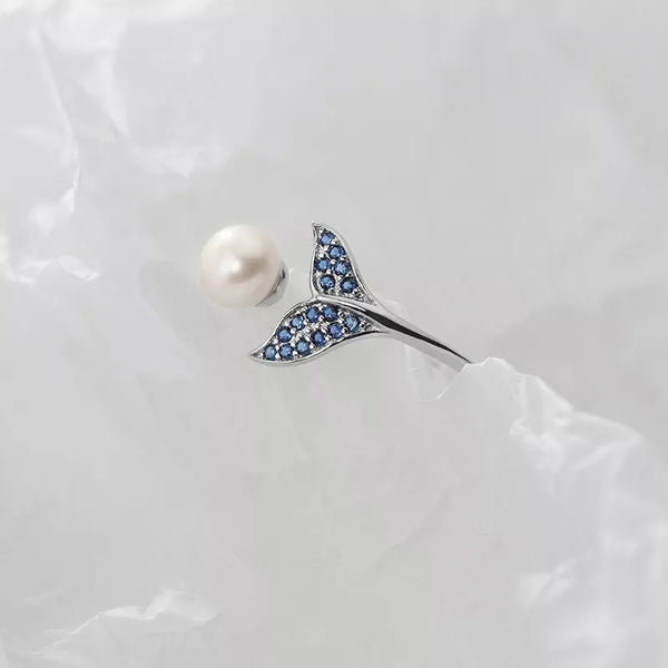 Sterling Silver Mermaid Tail and Pearl Adjustable Ring HNS Studio Canada
