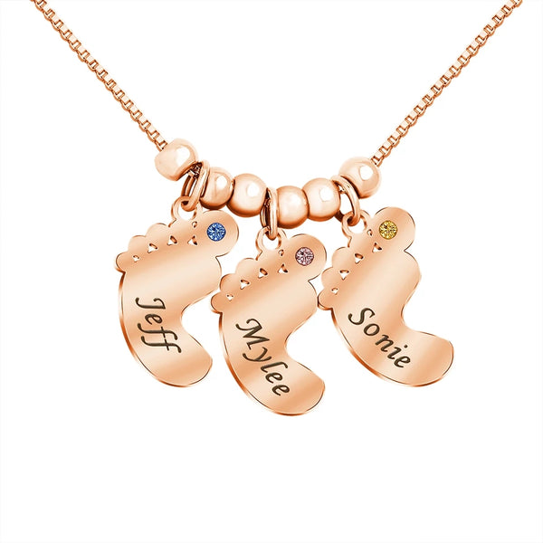 Baby Feet  Necklace with Kids Names and Birthstones