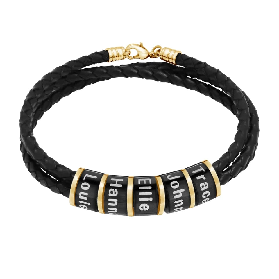 Men's leather bracelet with names, Men Black On Black Bracelet Set 6 beads