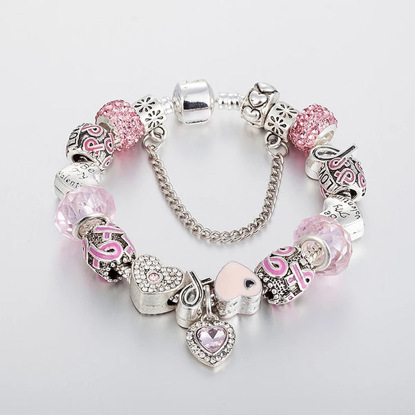 Breast Cancer Awareness Charm Bracelet, Charms Bracelet for Women