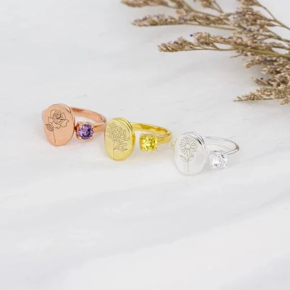 Personalized Birth Flower Signet Ring HNS Studio Canada