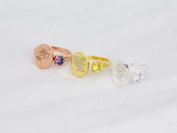 Personalized Birth Flower Signet Ring HNS Studio Canada