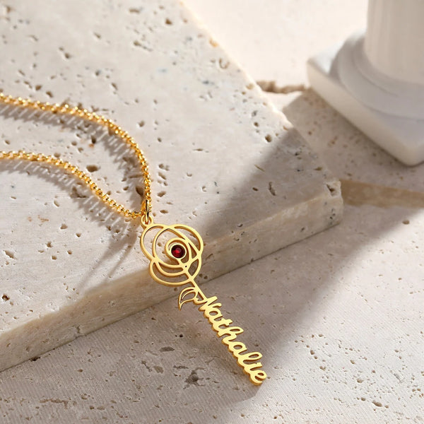 Rose Name necklace with Birthstone