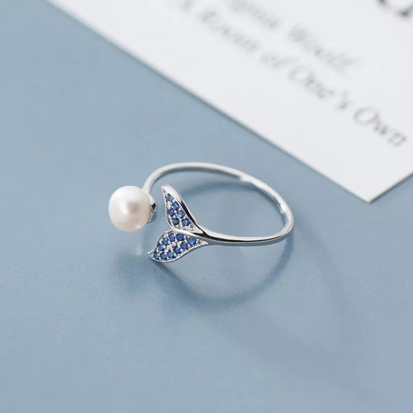 Sterling Silver Mermaid Tail and Pearl Adjustable Ring HNS Studio Canada