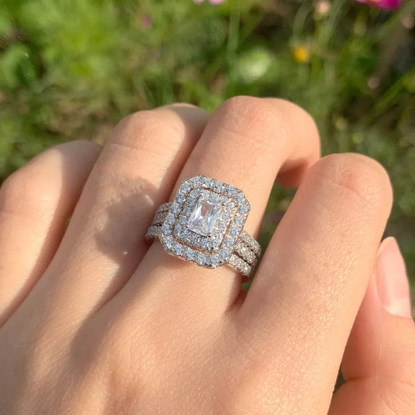 2.0 Carats Halo Sterling Silver Ring and Band HNS Studio Canada