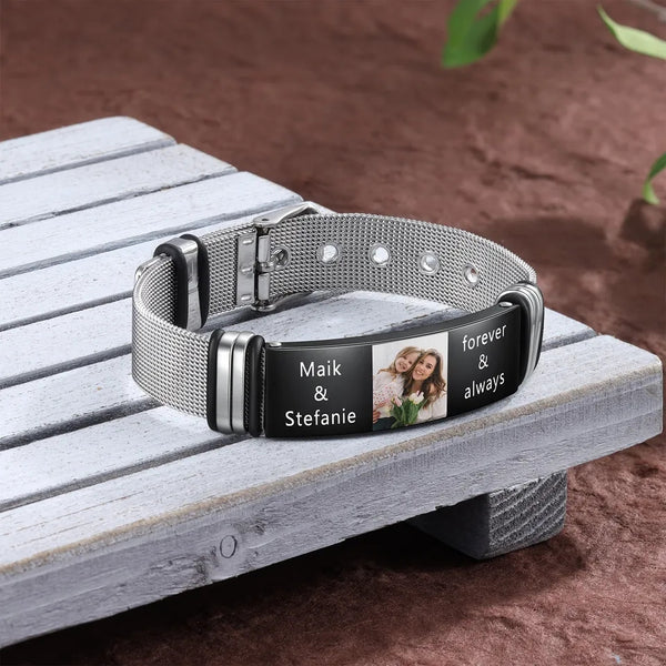 Custom Engraved Photo and Name Bracelet for Men Stainless Steel Adjustable HNS Studio Canada