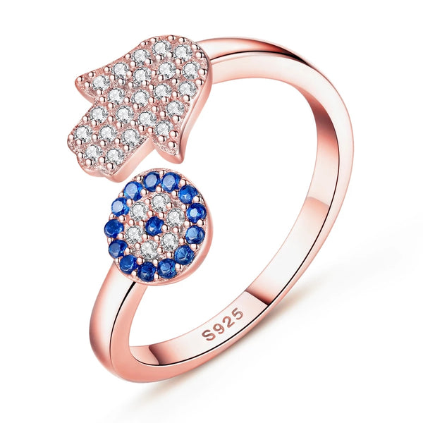 Adjustable Hamsa Hand Evil Eye Sterling Silver Ring