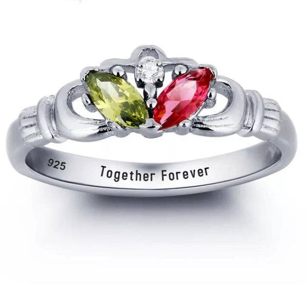 Personalized Sterling Silver Two Birthstones Claddagh Ring HNS Studio Canada