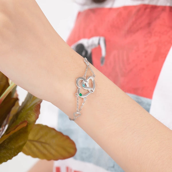 Interlocking Heart Silver Bracelet with Names and Birthstones HNS Studio Canada
