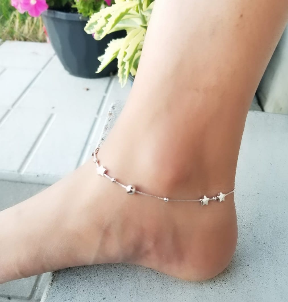 Sterling Silver Bead and Star Anklet