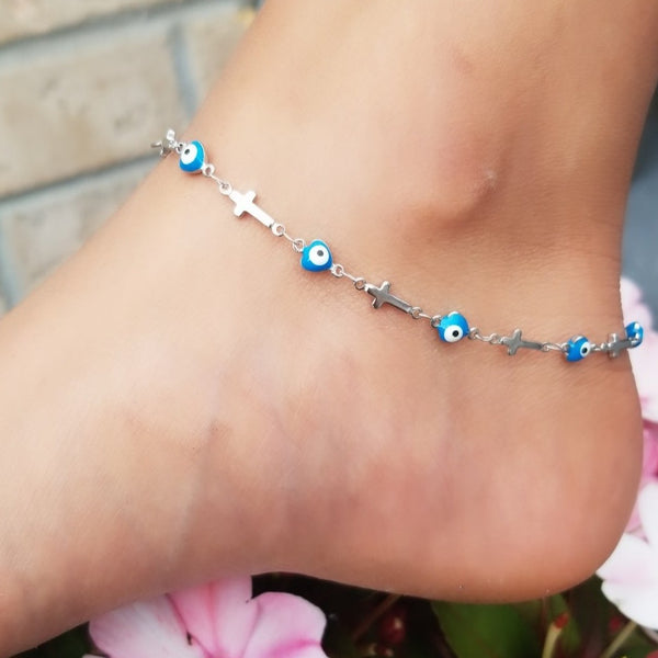 Blue Evil Eye and Cross Anklet HNS Studio Canada