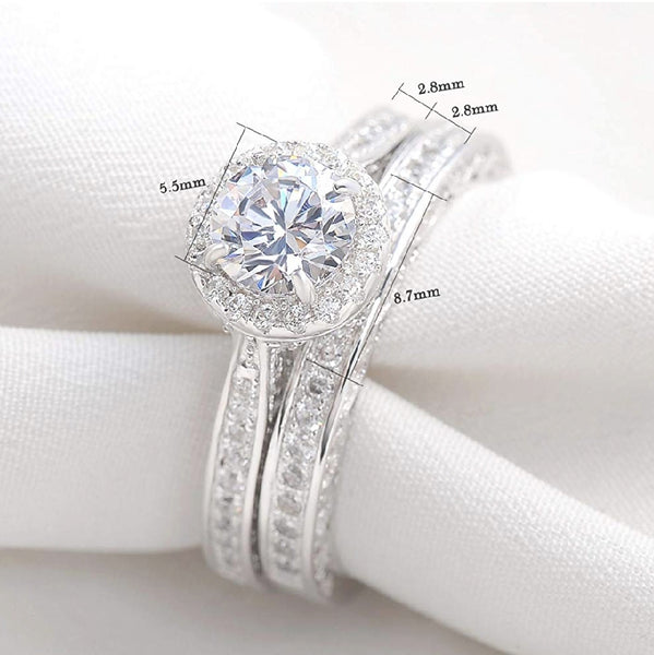 1.66 Carat Round White CZ 925 Sterling Silver Wedding Ring Set - HNS Studio