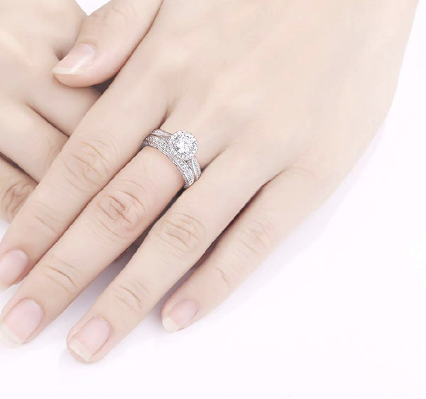 1.66 Carat Round White CZ 925 Sterling Silver Wedding Ring Set - HNS Studio