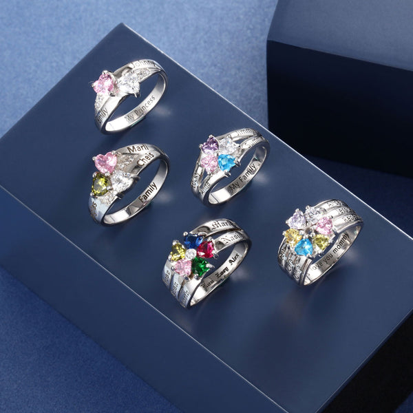 Sterling Silver Family Ring with Birthstones and Names - HNS Studio