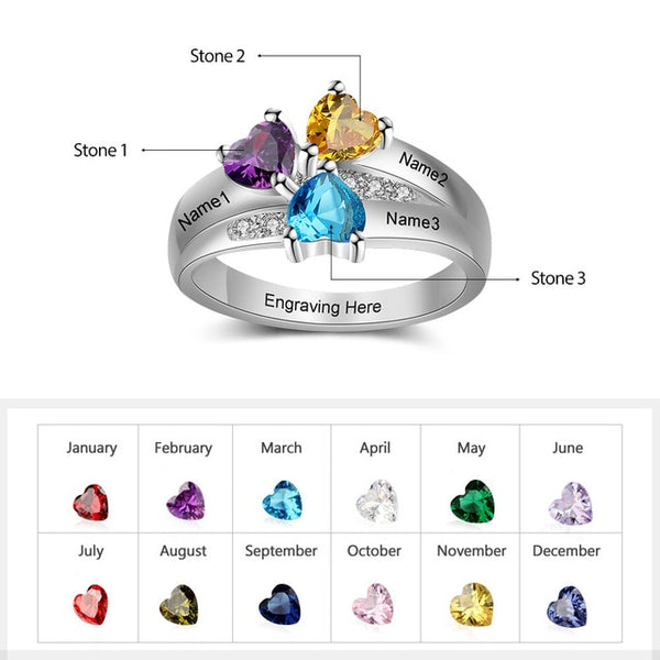 Sterling Silver Family Ring with Birthstones and Names - HNS Studio