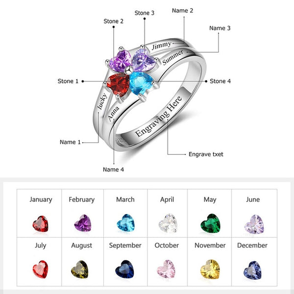 Sterling Silver Family Ring with Birthstones and Names - HNS Studio