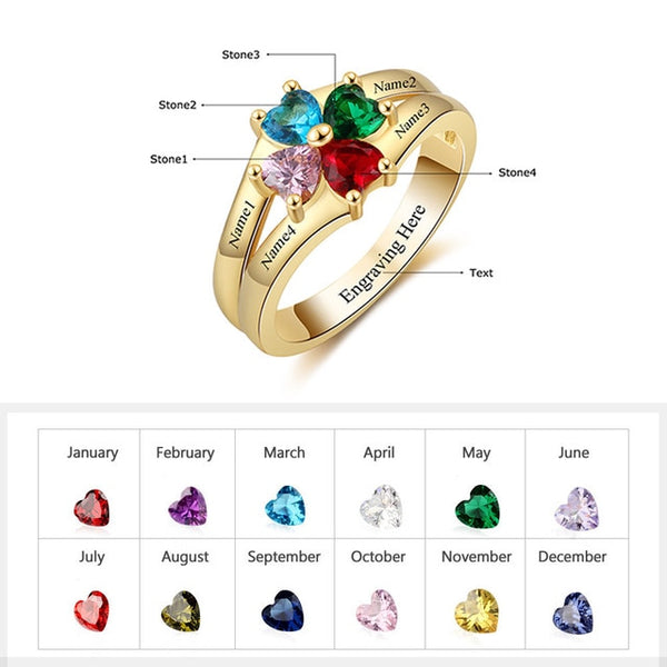 Sterling Silver Family Ring with Birthstones and Names - HNS Studio
