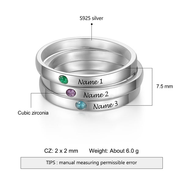 Stackable Birthstone Sterling Silver Rings with Engraving - HNS Studio