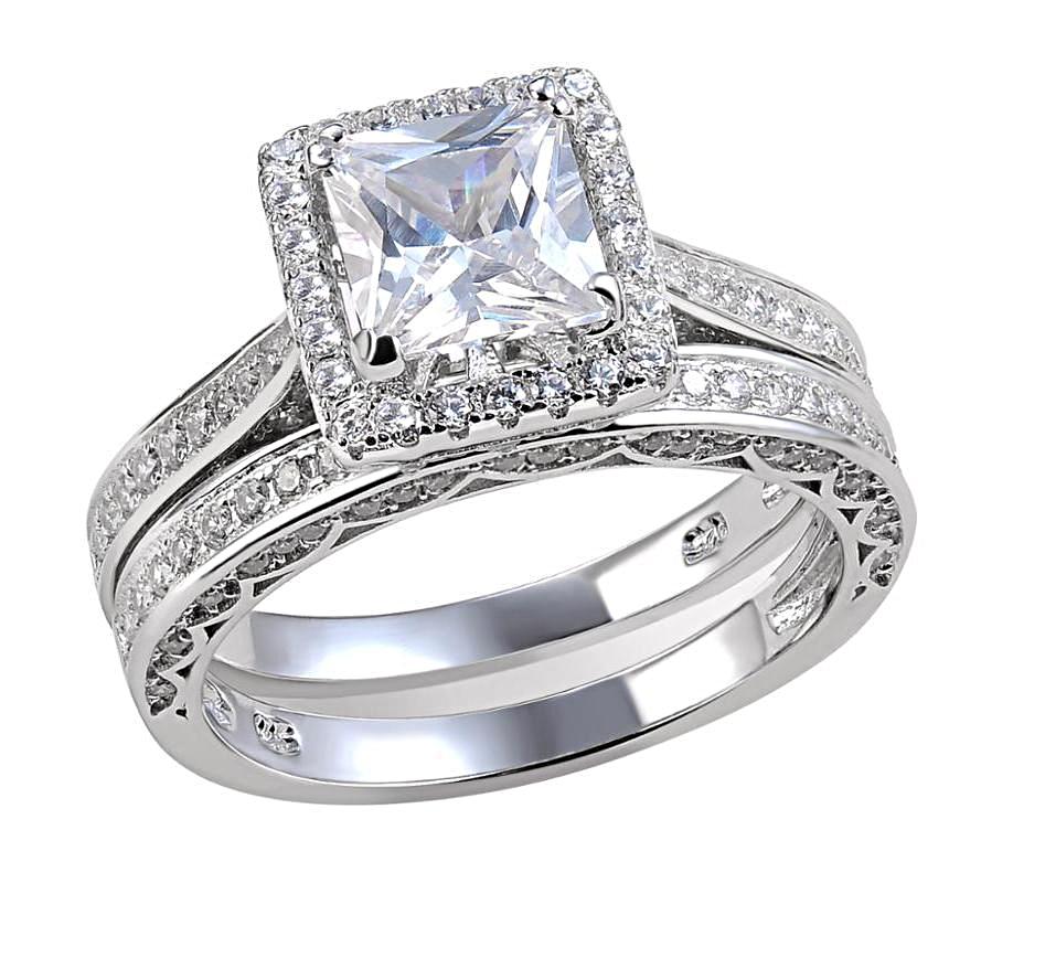 Princess Cut Sterling Silver Wedding Band Engagement Ring Set