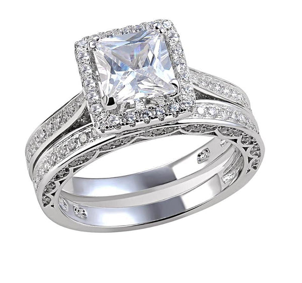 Princess Cut Sterling Silver Wedding Band Engagement Ring Set - HNS Studio