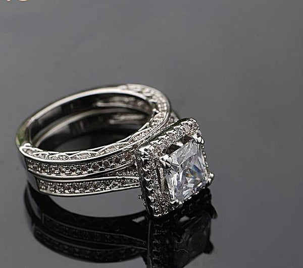 Princess Cut Sterling Silver Wedding Band Engagement Ring Set - HNS Studio