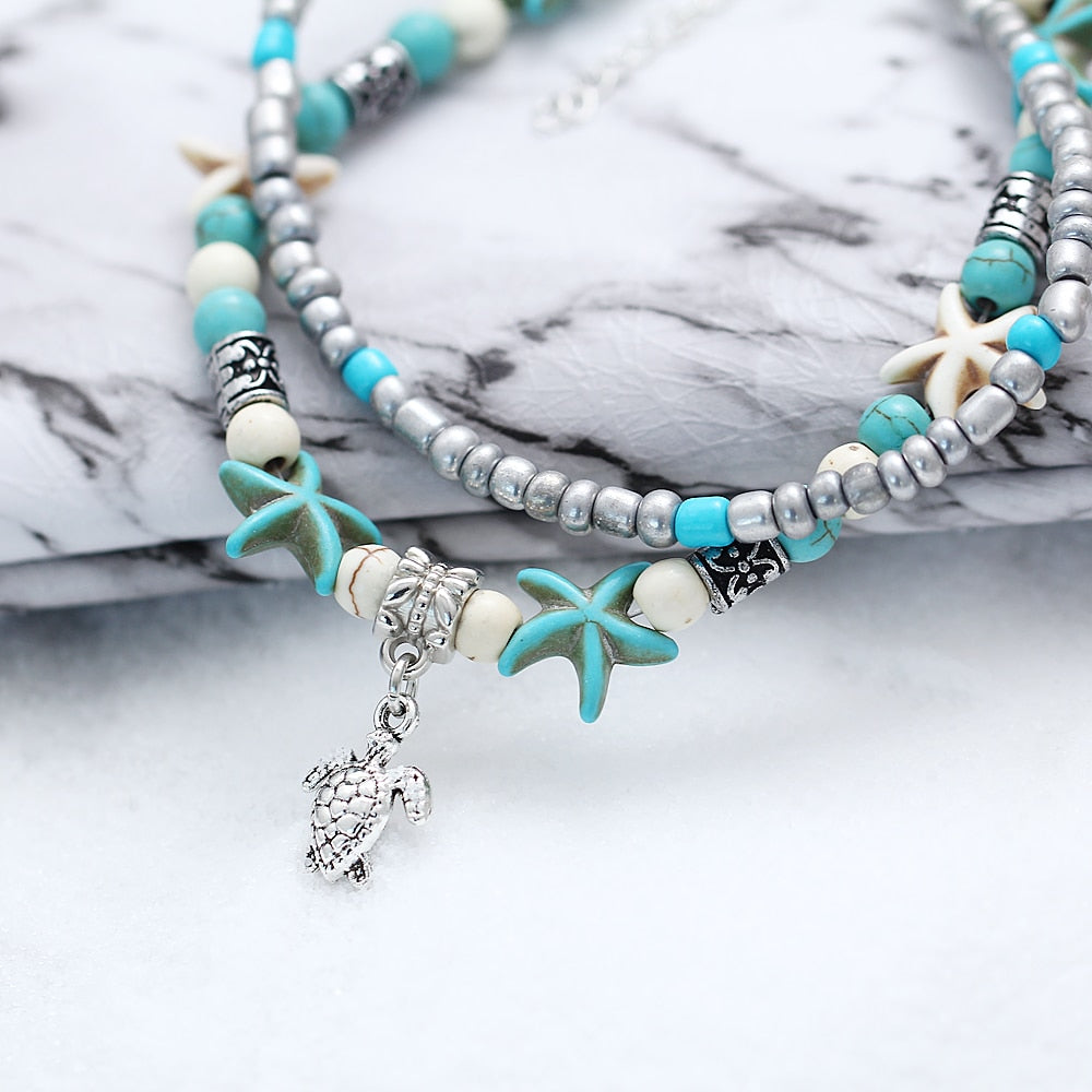 LEAQU Boho Multi-layer Sea Star Pendant Beads Adjustable Anklet