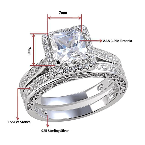 Princess Cut Sterling Silver Wedding Band Engagement Ring Set - HNS Studio