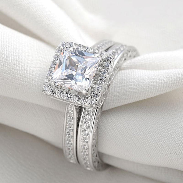 Princess Cut Sterling Silver Wedding Band Engagement Ring Set - HNS Studio