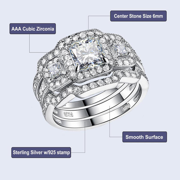 Princess-Cut Cubic Zirconia Three-Piece Halo Bridal Set In Sterling Silver - HNS Studio
