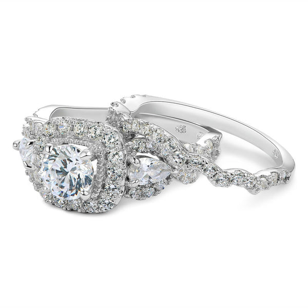 Double Halo 1.5 Carats Round Cut Sterling Silver Ring Set - HNS Studio