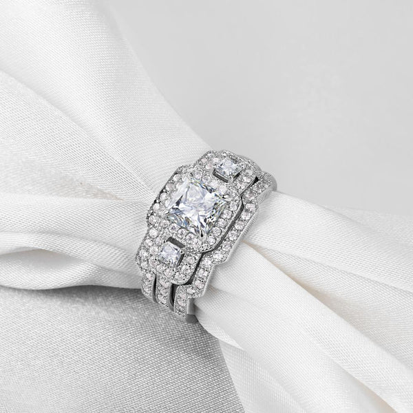 Princess-Cut Cubic Zirconia Three-Piece Halo Bridal Set In Sterling Silver - HNS Studio