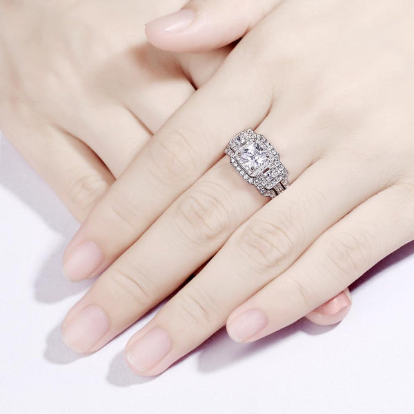 Princess-Cut Cubic Zirconia Three-Piece Halo Bridal Set In Sterling Silver - HNS Studio