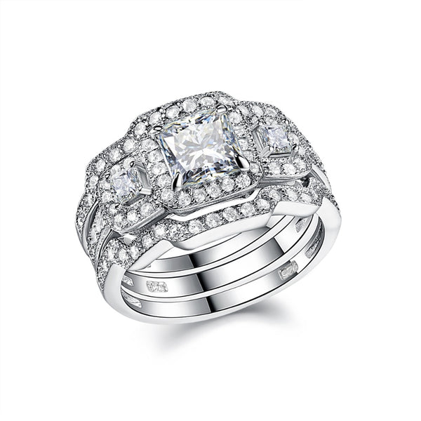 Princess-Cut Cubic Zirconia Three-Piece Halo Bridal Set In Sterling Silver - HNS Studio