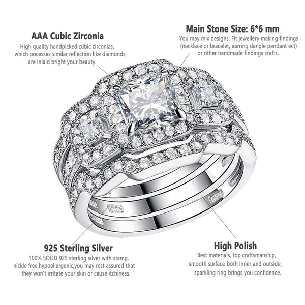 Princess-Cut Cubic Zirconia Three-Piece Halo Bridal Set In Sterling Silver - HNS Studio