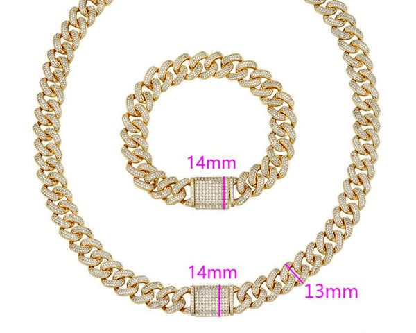 14mm Iced Miami Cuban Chain and Bracelet Set in Gold