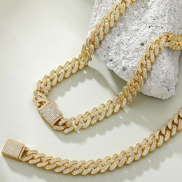 14mm Iced Miami Cuban Chain and Bracelet Set in Gold