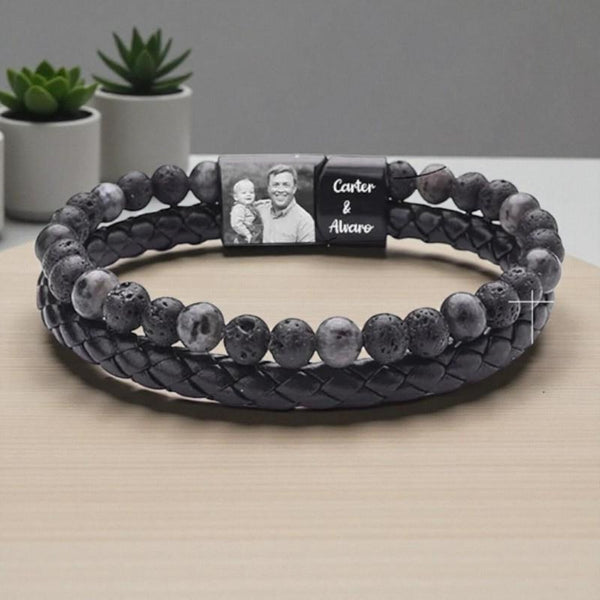 Personalized Photo Bracelet for Men – Custom Engraved Leather & Beaded Bracelet with Photo and Names