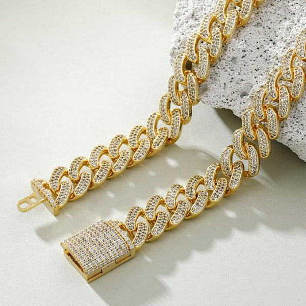 14mm Iced Miami Cuban Chain and Bracelet Set in Gold