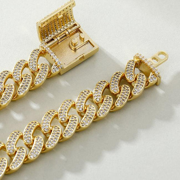 14mm Iced Miami Cuban Chain and Bracelet Set in Gold