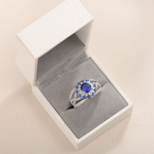 White and Blue Sapphire Floral Round Cut Sterling Silver Ring