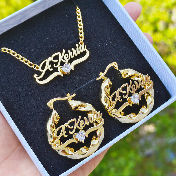 Custom Name Birthstone Necklace & Twist Hoop Earrings Set – Elegant Personalized Jewelry for Women