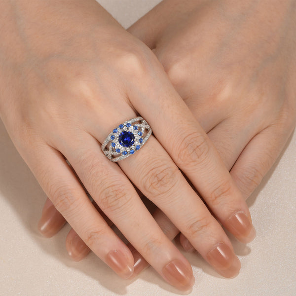 White and Blue Sapphire Floral Round Cut Sterling Silver Ring