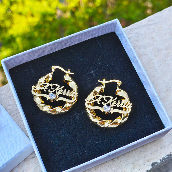 Custom Name Birthstone Necklace & Twist Hoop Earrings Set – Elegant Personalized Jewelry for Women