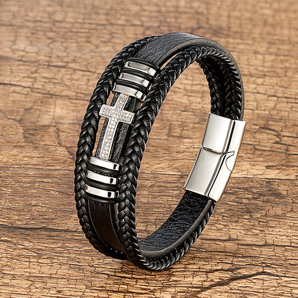 Stylish Men's Cross Leather Bracelet - Perfect Gift for Him